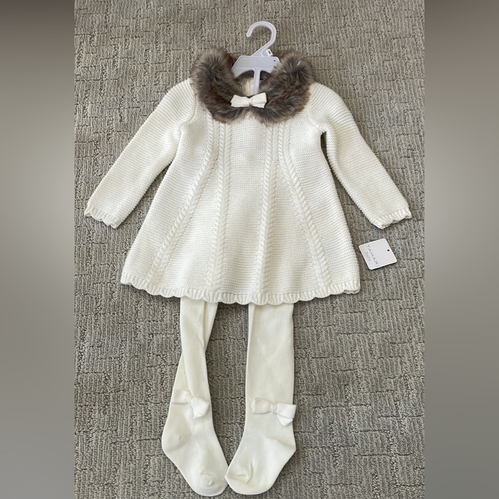 Cream Knit Dress with Faux Fur Collar set 12 months